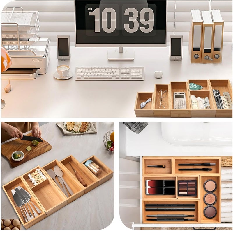 Buwheekoki Bamboo Drawer Organizer 5 Pcs for Kitchen Multi-purpose Storage Dividers for Kitchen, Office, Jewelry, Cosmetics, Wooden Drawer Dividers for Drawer Organizer Desk Organizer Gift for Women Gifts Idea - Image 3